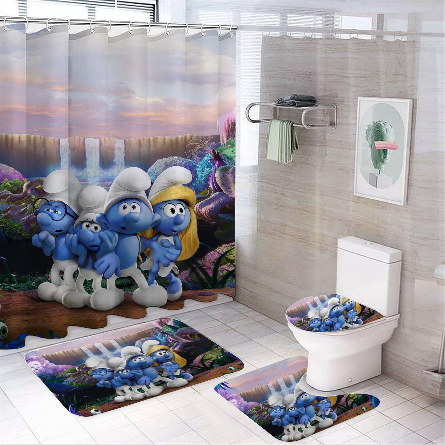 Cartoon Tiny Blue Creatures Shower Curtain