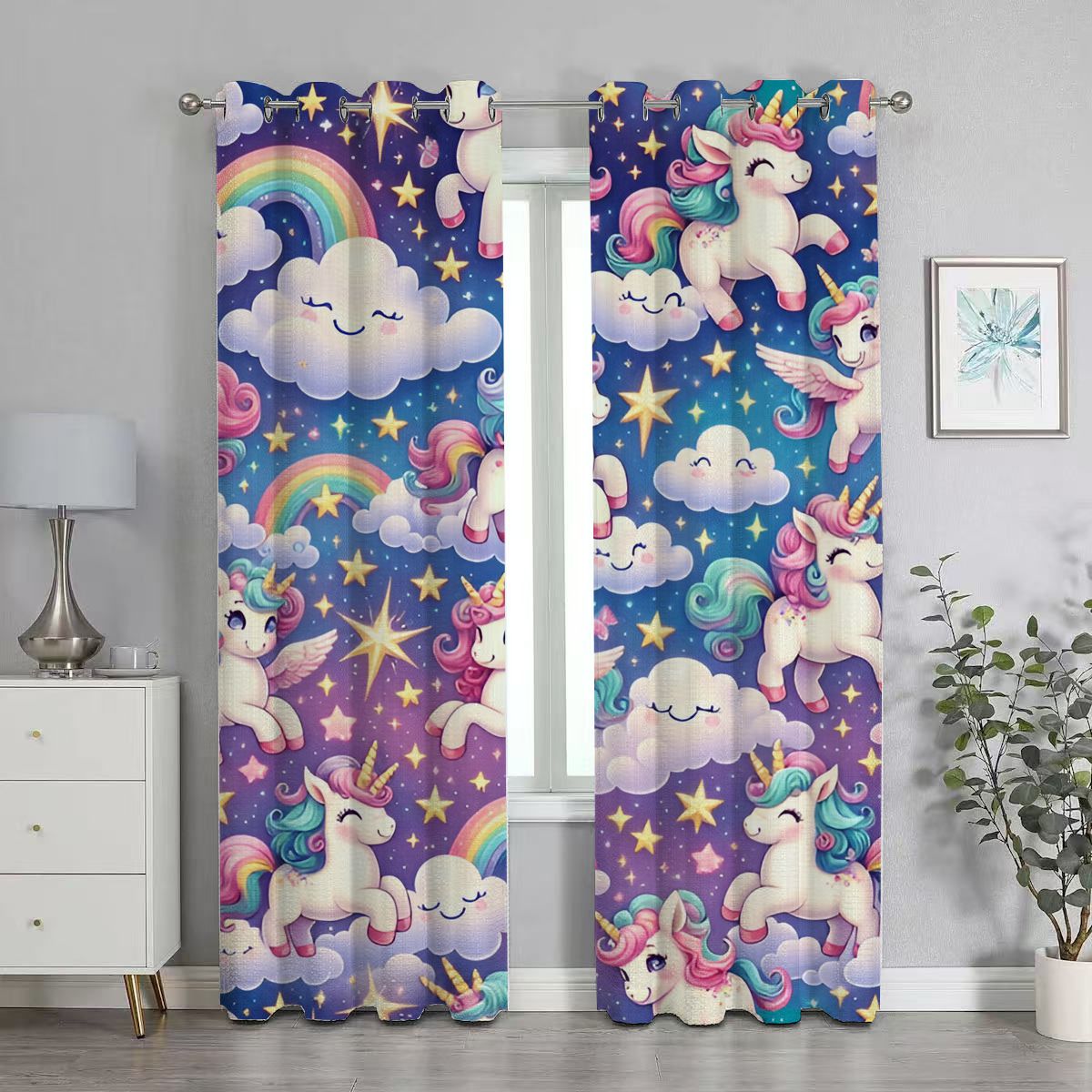 Cute Unicorn with Rainbow Clouds Blackout Curtain
