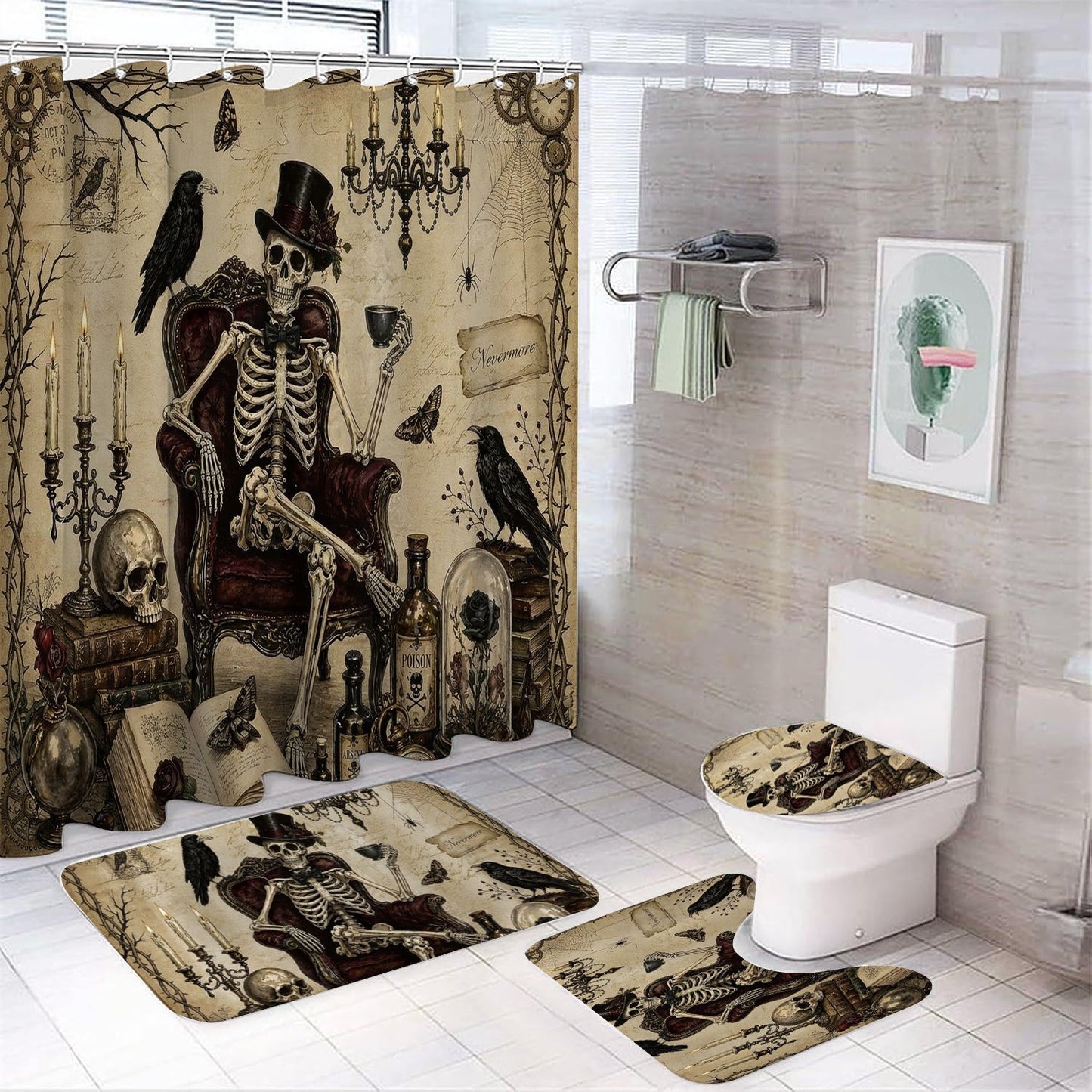 Halloween Spooky Gothic Skeleton Shower Curtain Set