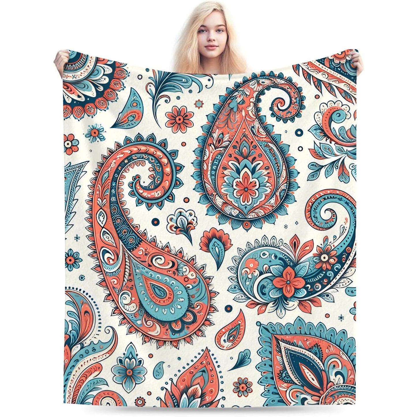 Retro Orange Paisley Flower Throw Blanket