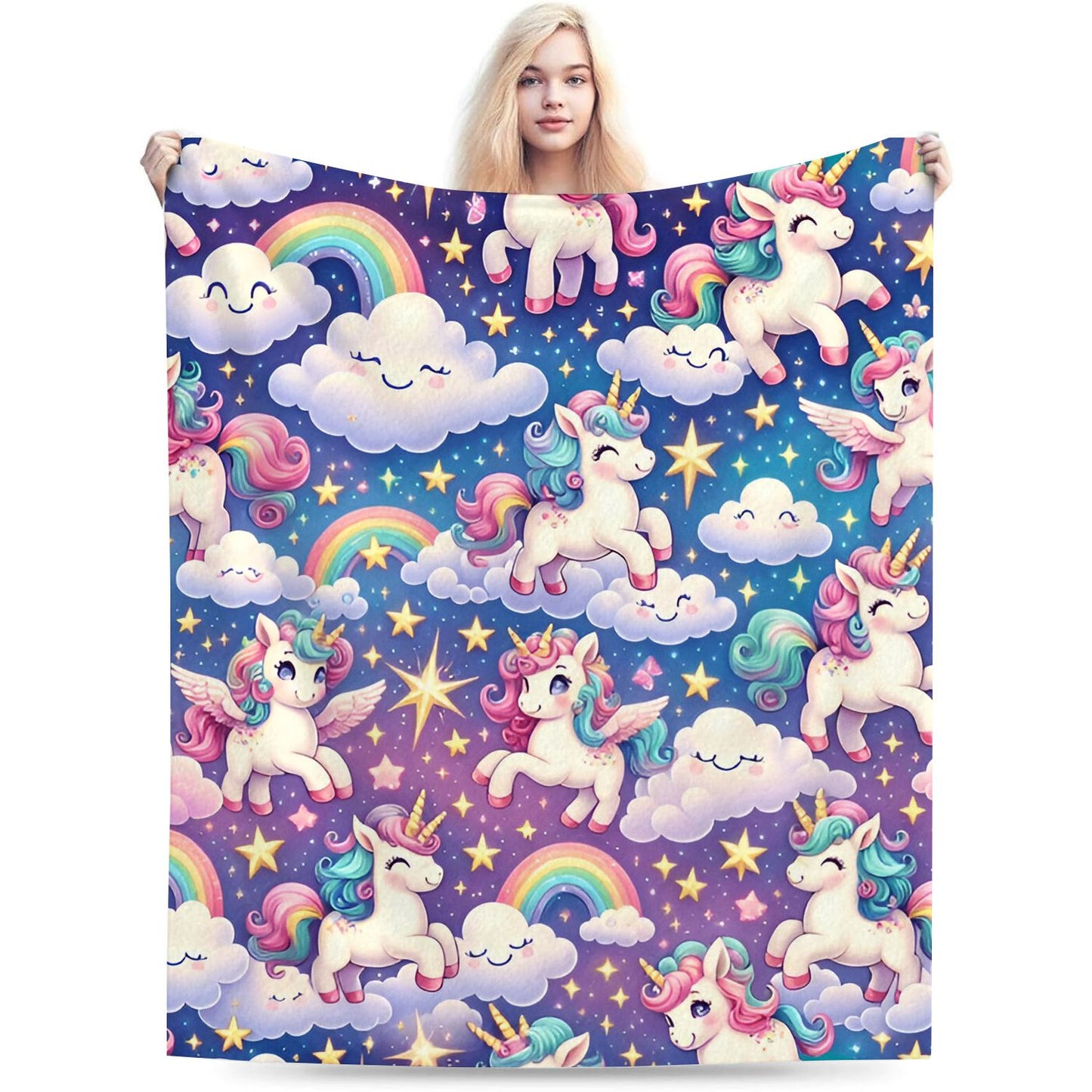 Unicorn with Rainbow Clouds Throw Blanket