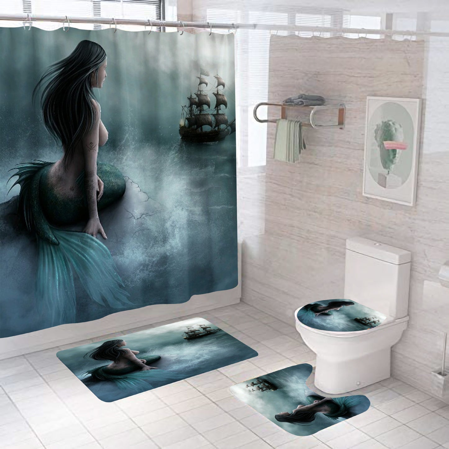 Medieval Age Sailboat Mermaid Pirate Ship Shower Curtain