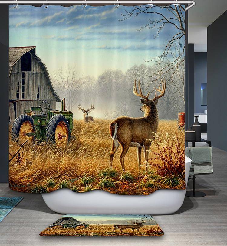 Tractor at Rustic Farm Field Farmhouse Deer Shower Curtain