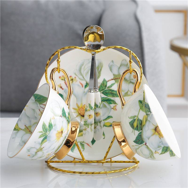 White Camellia Flower Sping Green Leaf Coffee Tea Cup And Saucer Set with Spoon
