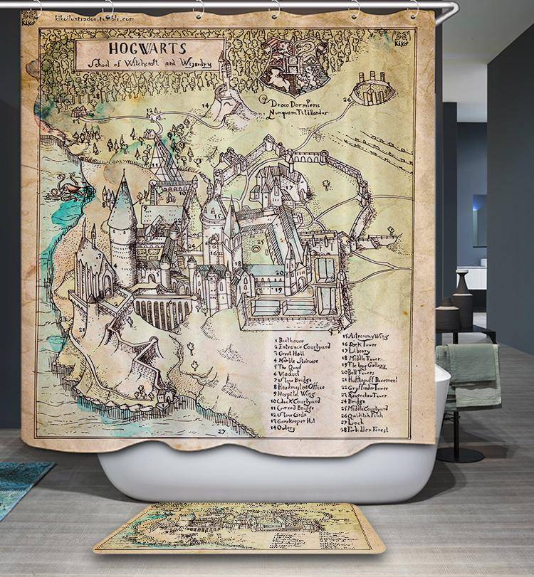 Hogwarts Shower Curtain Fantasy World Harry Potter Map Bathroom Decor Accessories Idea Curtain+Rug Set