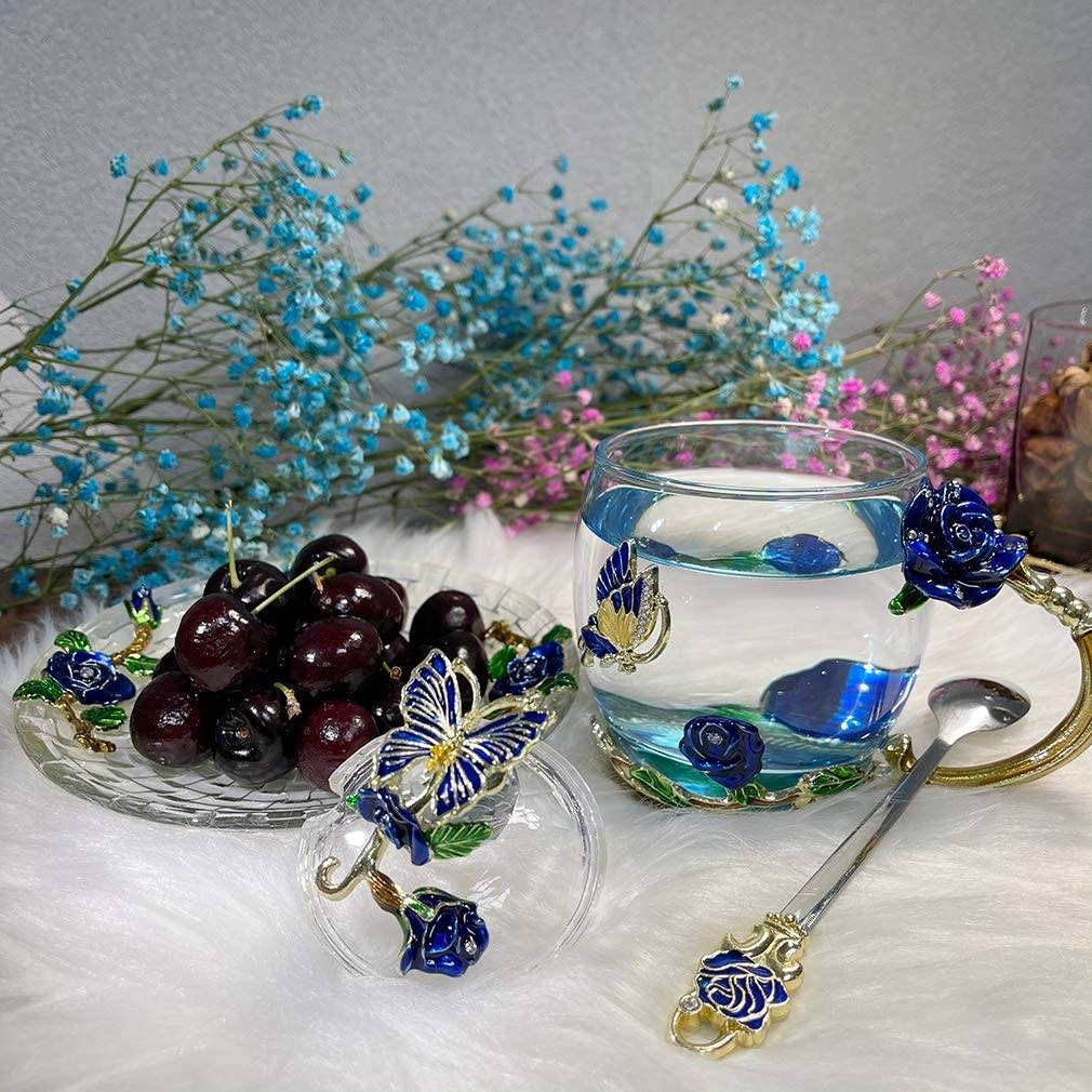 Girly Enamel Butterfly Tea Cup with Lids Plate Saucer Set Glass Coffee Mug