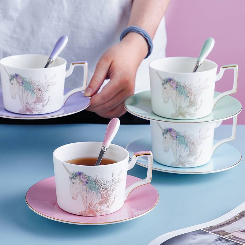 3 Pieces Girly Fantasy Unicorn Flower Coffee Tea Cup And Saucer Set with Spoon