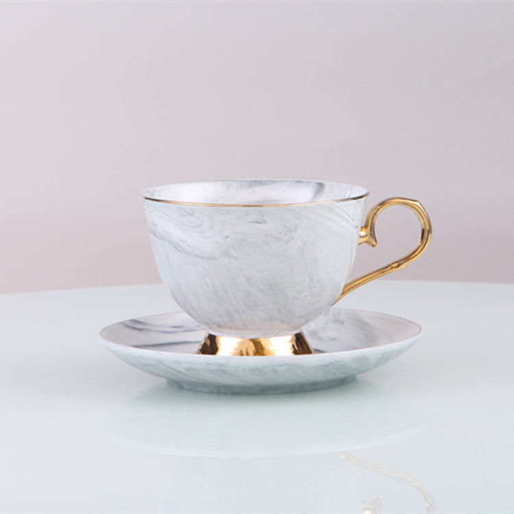 Marble Print Tea Cup And Saucer Set Monochrome Coffee Teacup with Plate Spoon - 3 Pieces
