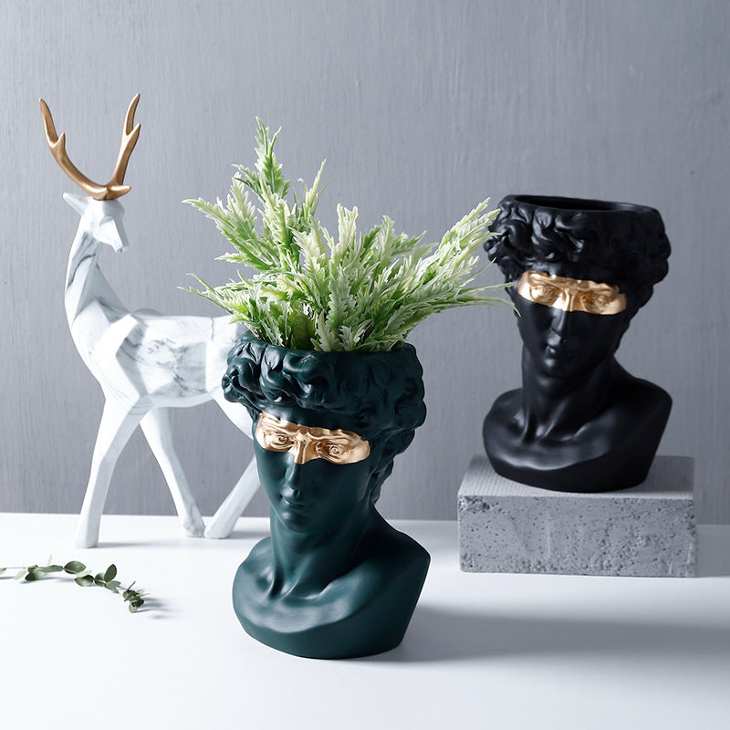 David Bust Planter with Golden Eye Mask Ceramic Vase Statue Flower Cactus Succulent Plant Pot
