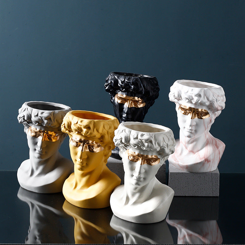 David Bust Planter with Golden Eye Mask Ceramic Vase Statue Flower Cactus Succulent Plant Pot
