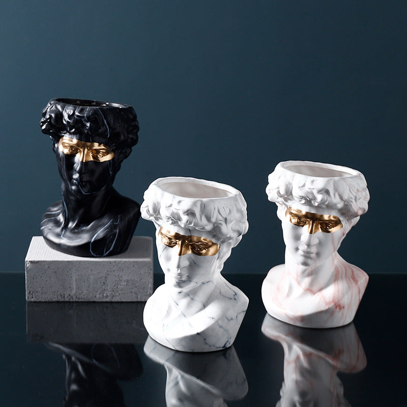 David Bust Planter with Golden Eye Mask Ceramic Vase Statue Flower Cactus Succulent Plant Pot