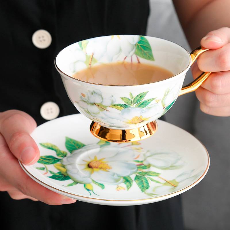 White Camellia Flower Sping Green Leaf Coffee Tea Cup And Saucer Set with Spoon