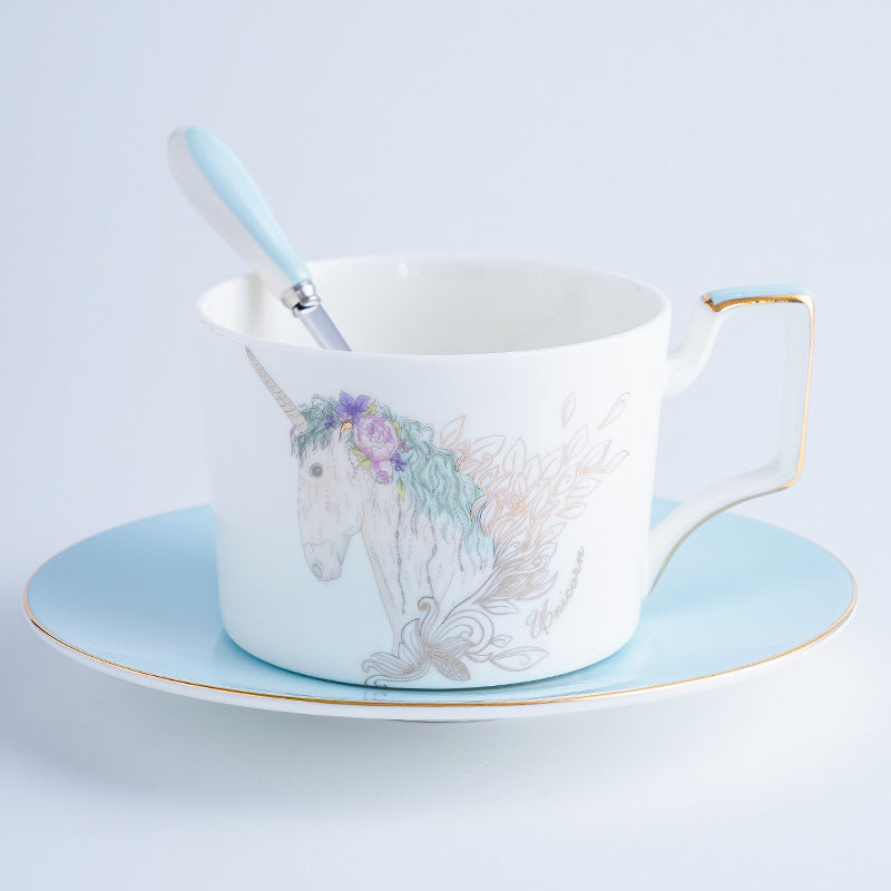 3 Pieces Girly Fantasy Unicorn Flower Coffee Tea Cup And Saucer Set with Spoon