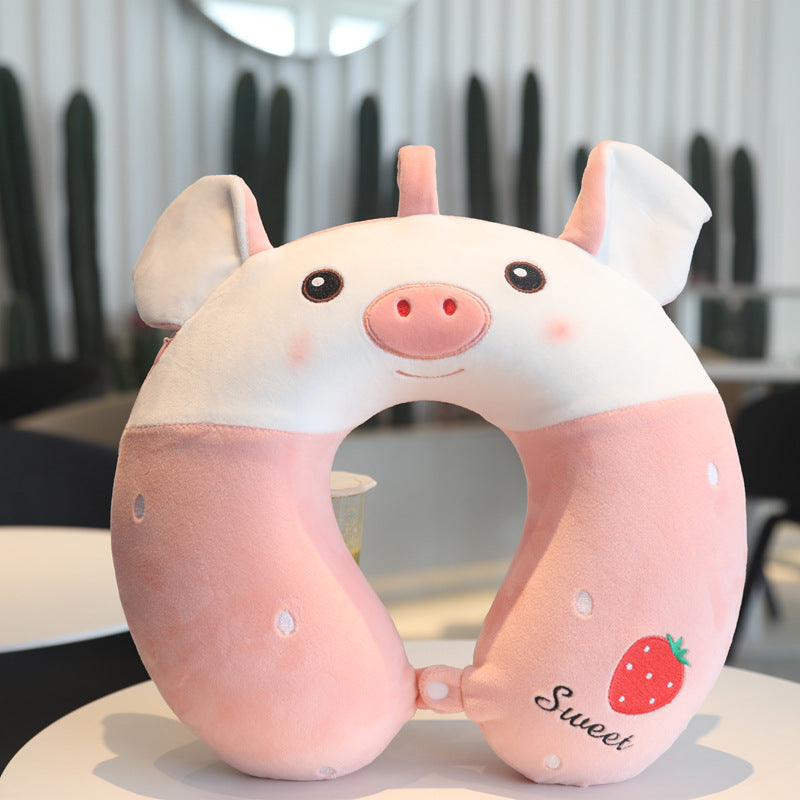Pink Pig Airplane Neck Pillow Cartoon Plush Kids Chin Support Travel Sleeping Cushion