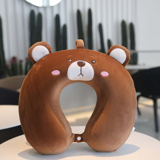 Brown Bear Neck Pillow Cartoon Animal Plush Kids Chin Support Travel Sleeping Cushion
