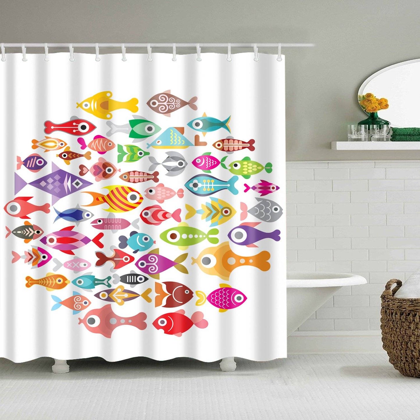 Colorful Round Aquarium Kids Underwater Cartoon Fish Shower Curtain