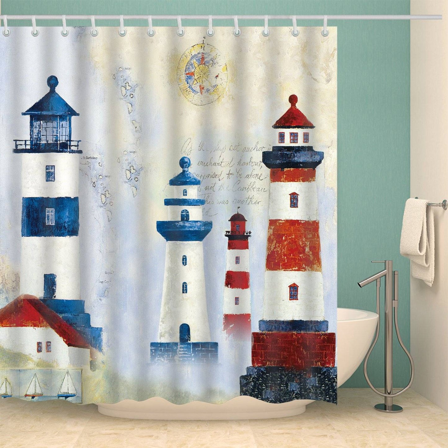 Retro Oil Painting Nautical Mediterranean Lighthouse Shower Curtain
