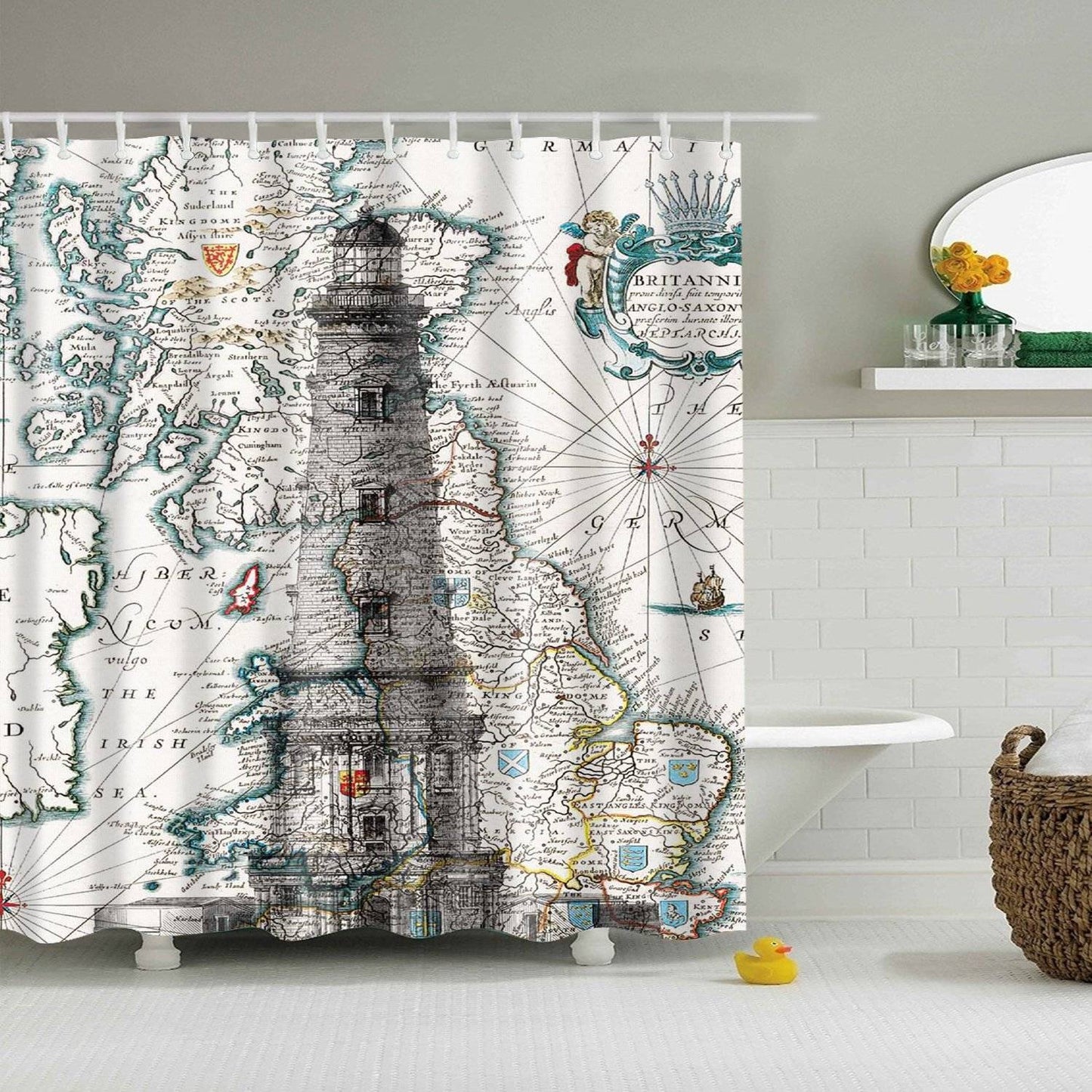 Medieval Map Nautical Vintage Lighthouse Shower Curtain