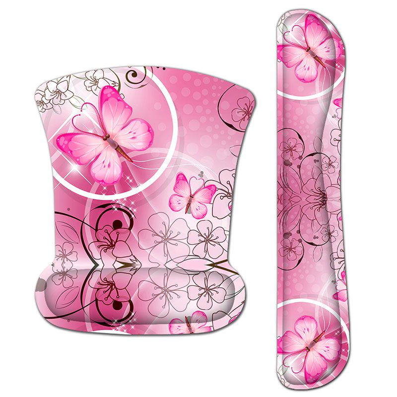 Girly Pink Butterfly Mouse Pad with Wrist Rest Keyboard Support