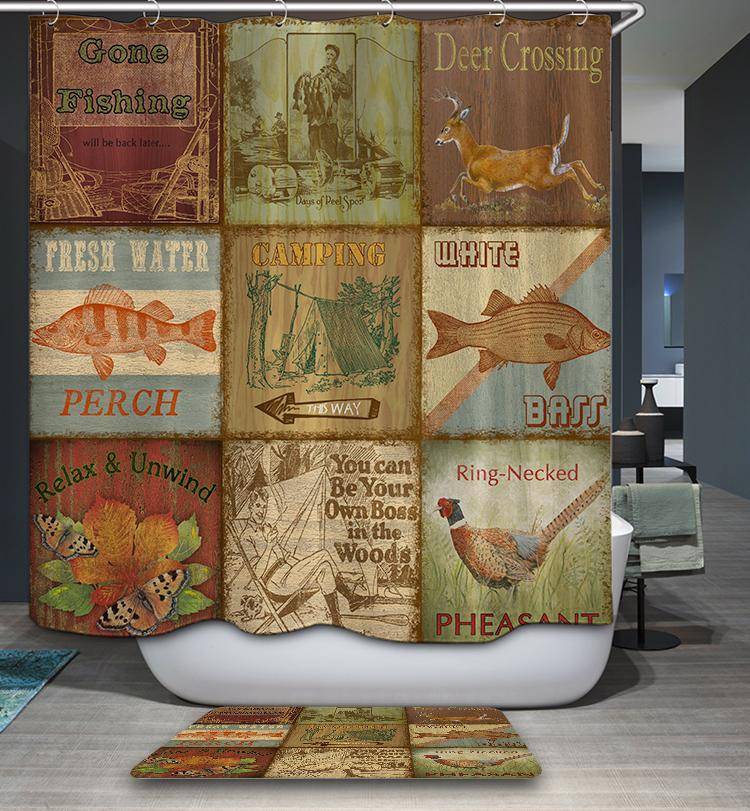 Vintage Deer Fish Outdoor Rustic Lodge Shower Curtain