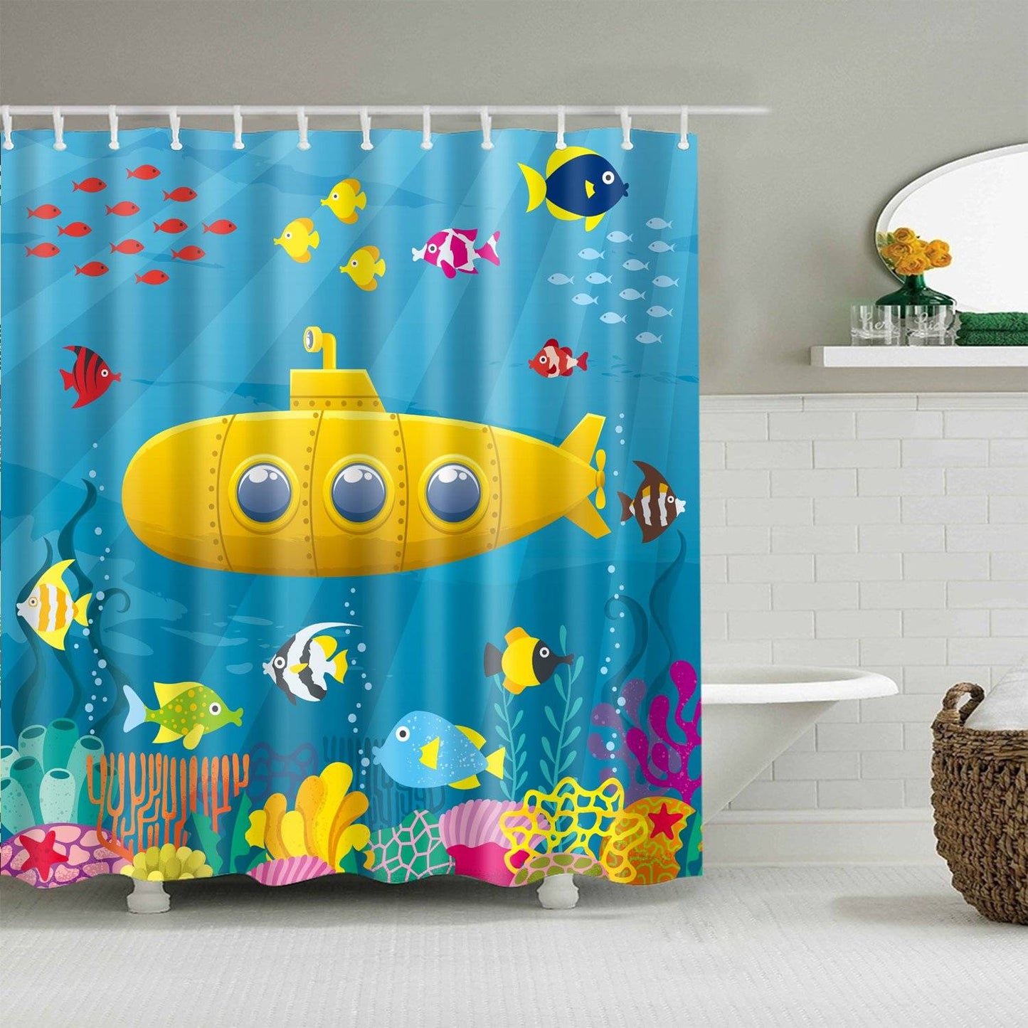 Underwater Sea Life Nautical Cartoon Yellow Submarine Shower Curtain