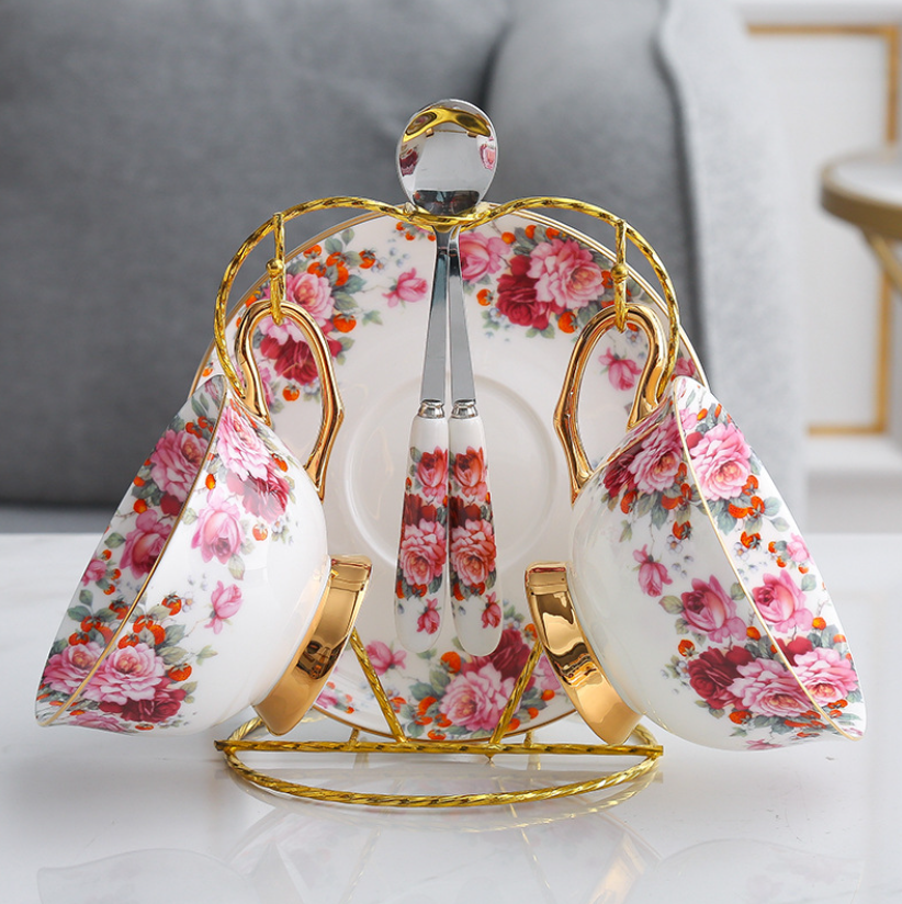 tasse avec soucoupe florale rose et rose rouge café thé - 3 pièces