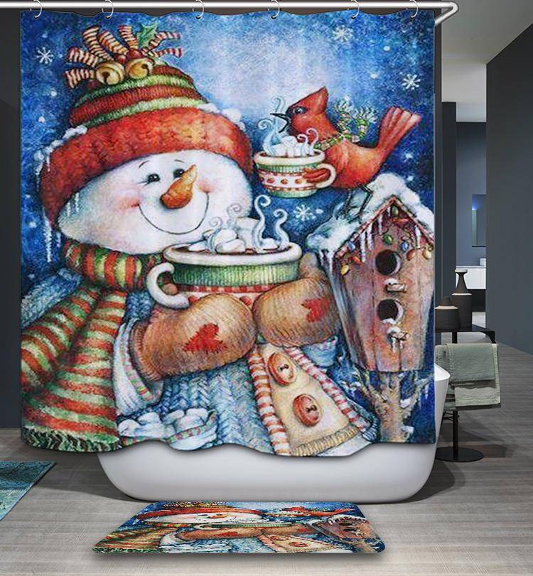 Winter Morning with Cardinal Bird Snowman Holding Muffin Shower Curtain