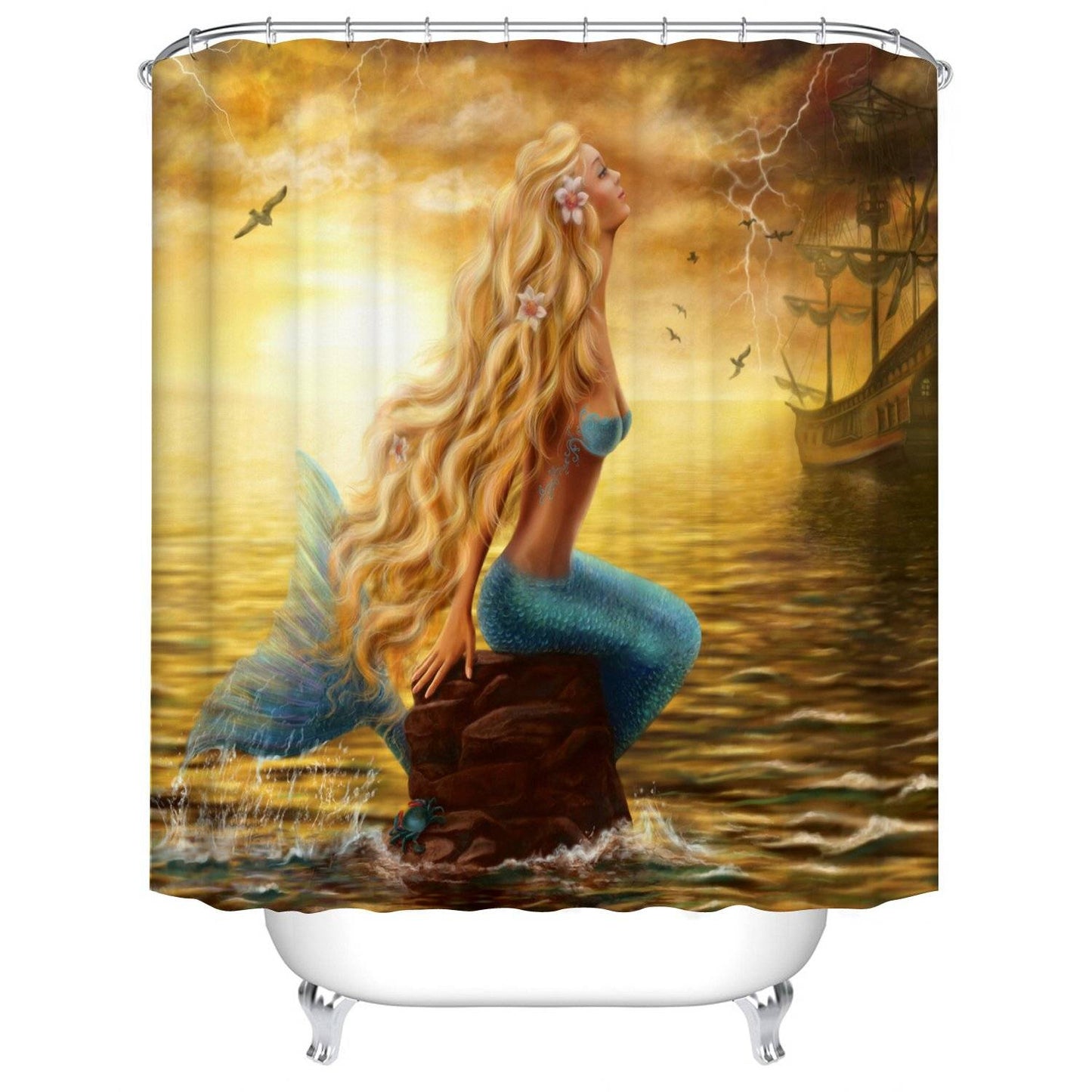 Pirate Ship Coastal Sunset Golden Hair Mermaid Shower Curtain