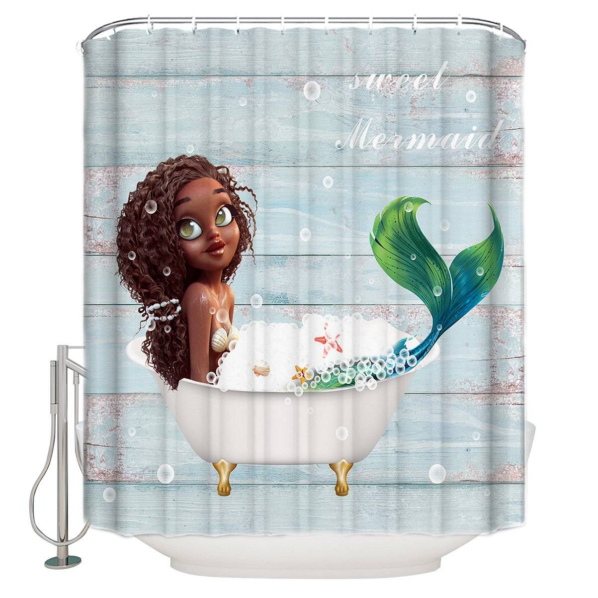 Bathing Girl Blue Barn Door Backdrop Black Mermaid Shower Curtain