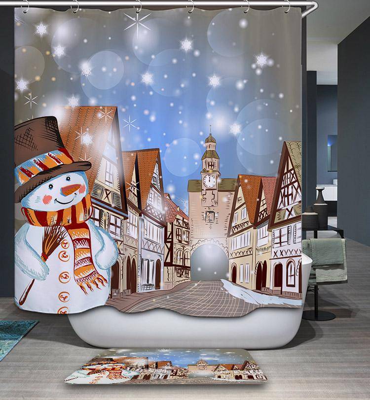 Snowy Day Winter Cleaning Country Snowman with Broom Shower Curtain