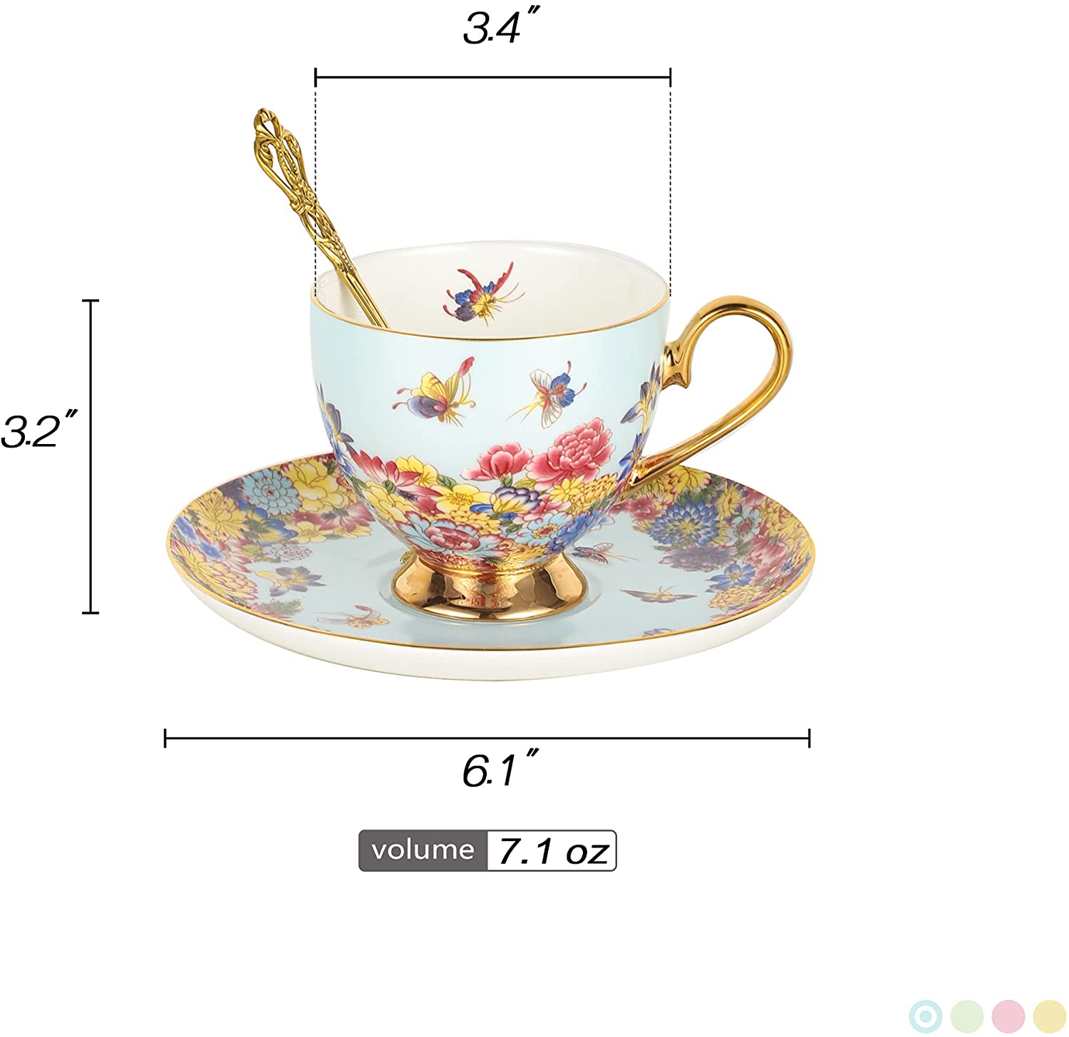 Spring Butterfly Floral Elegant Tea Cup And Saucer Set with Spoon Bone China with Gold Trim