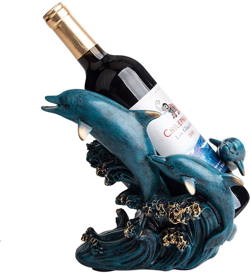 Dolphin Wine Bottle Holder, Blue/Wooden Colors, Jumping Out Ocean Wave,  Creative Ocean Creatures Single Tabletop Wine Rack