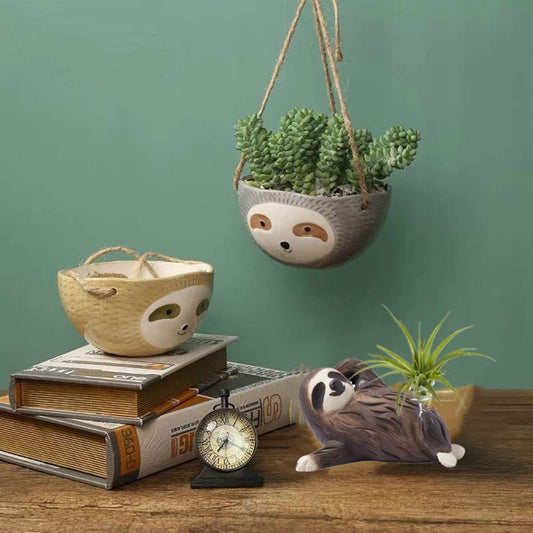 Cute Sloth Face Drawing Small Succulent Pot Oval Shape Hanging Sloth Planter