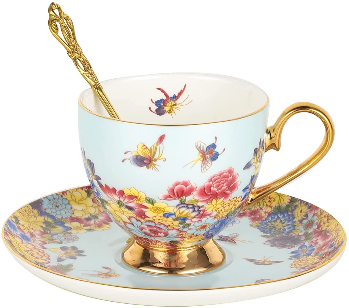 Spring Butterfly Floral Elegant Tea Cup And Saucer Set with Spoon Bone China with Gold Trim