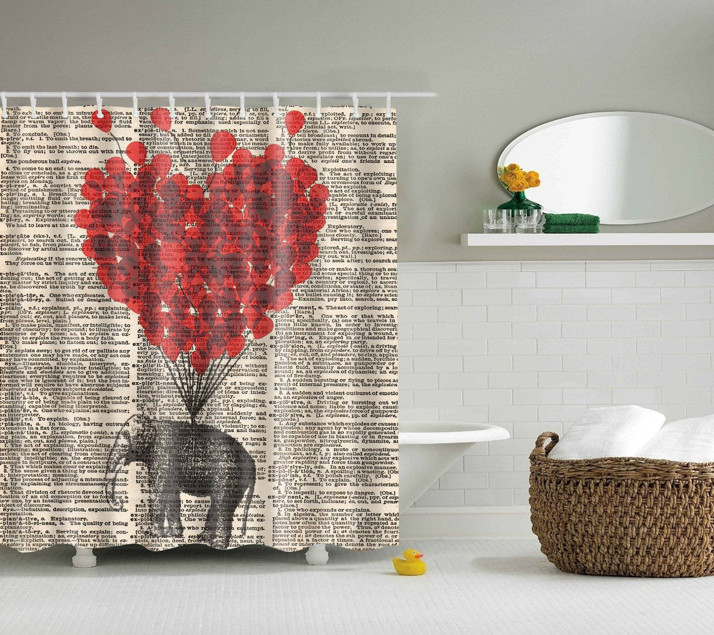 Retro Newspaper Valentine Holiday Romantic Heart Balloon Elephant Shower Curtain
