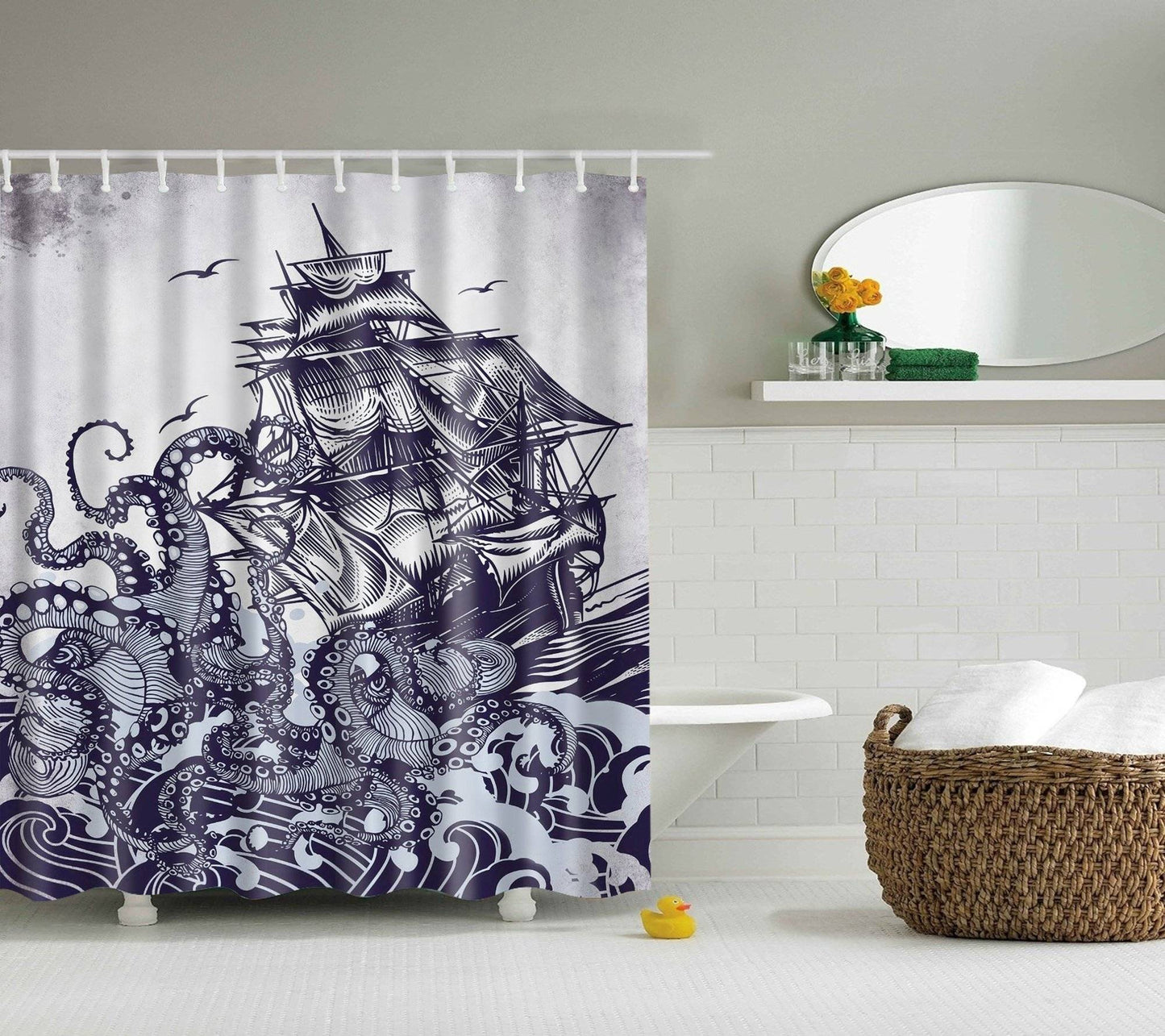 Medieval Sailboat Attacked By Octopus Vintage Blue Kraken Shower Curtain