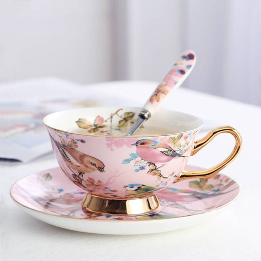 3 Pieces Aesthetic Pink Magpie Bird with Tree Floral Coffee Tea Cup And Saucer Set with Spoon