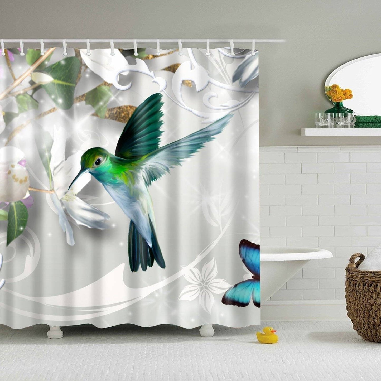 Green Bird Feeding on White Floral Hummingbird Shower Curtain