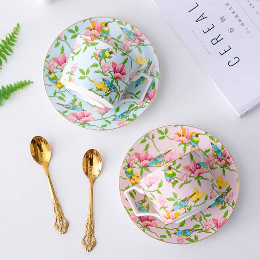 3 Pieces Bird Hanging on Leaf Floral Coffee Mug Tea Cup And Saucer Set
