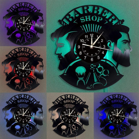 Barber Shop Vinyl Record Wall Clock 7 LED Lights