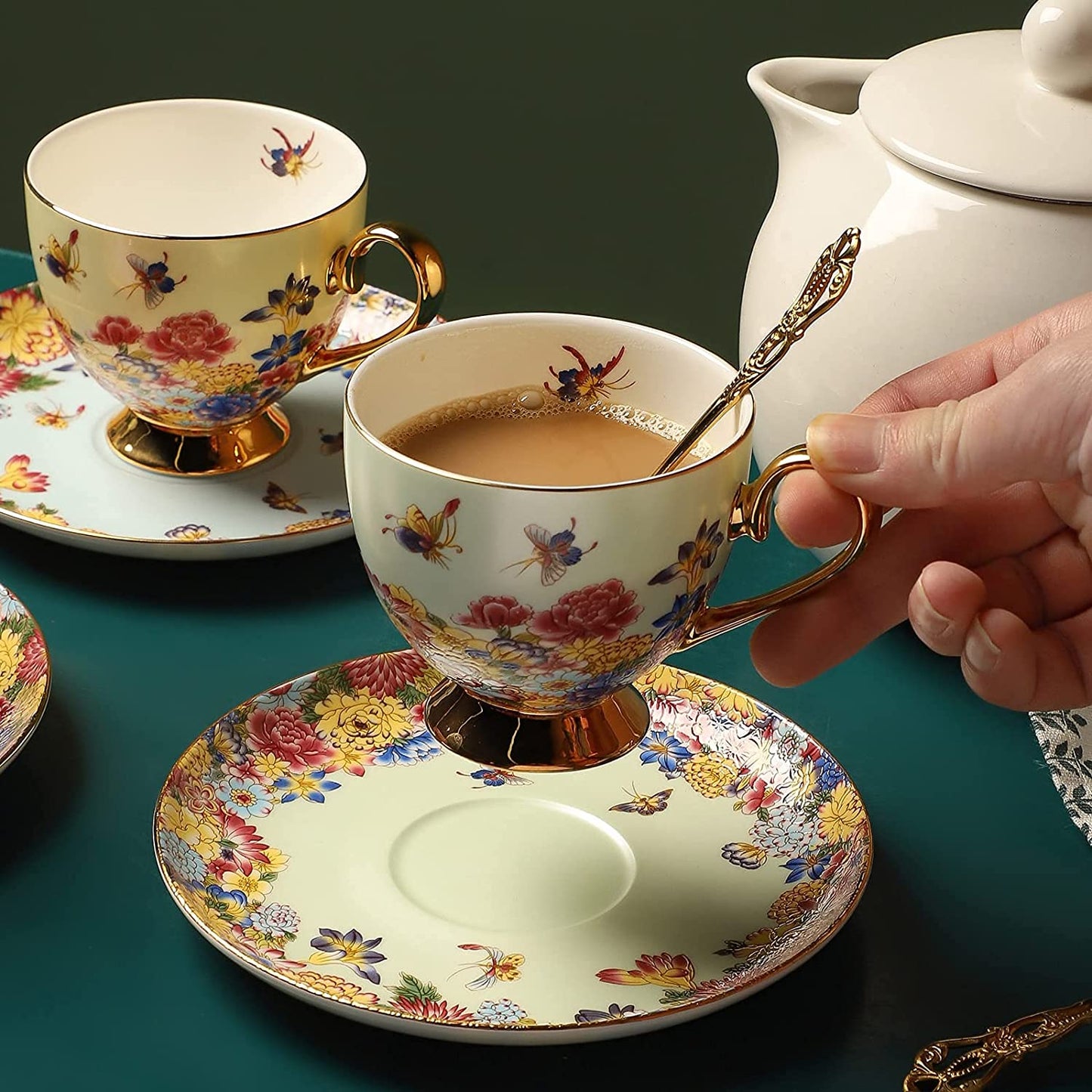 Spring Butterfly Floral Elegant Tea Cup And Saucer Set with Spoon Bone China with Gold Trim