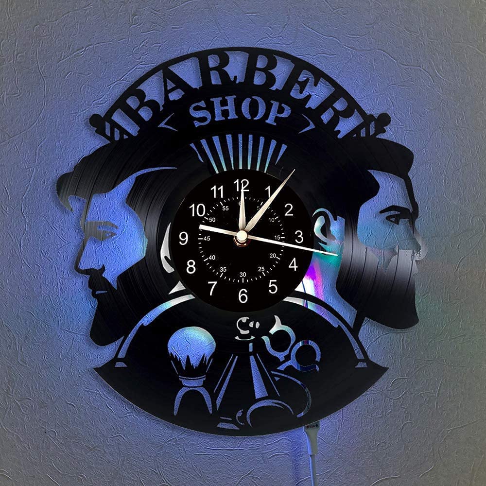 Barber Shop Vinyl Record Wall Clock 7 LED Lights