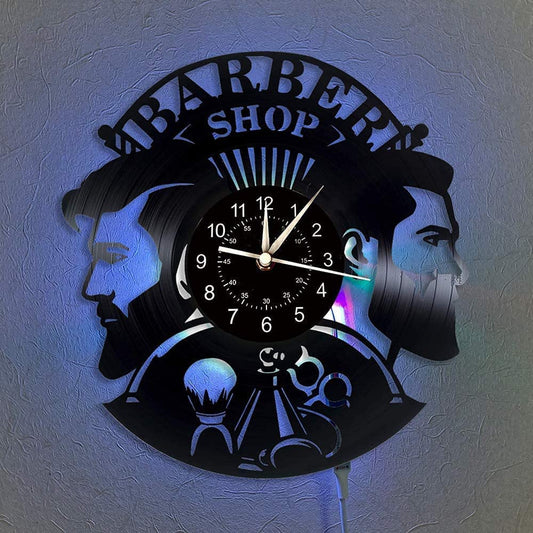 Barber Shop Vinyl Record Wall Clock 7 LED Lights