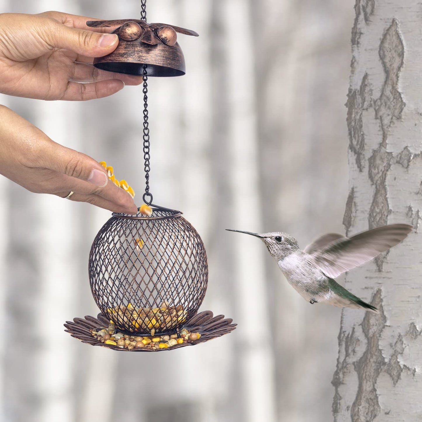 Heavy Duty Copper Metal Mesh Owl Shaped Bird Feeder