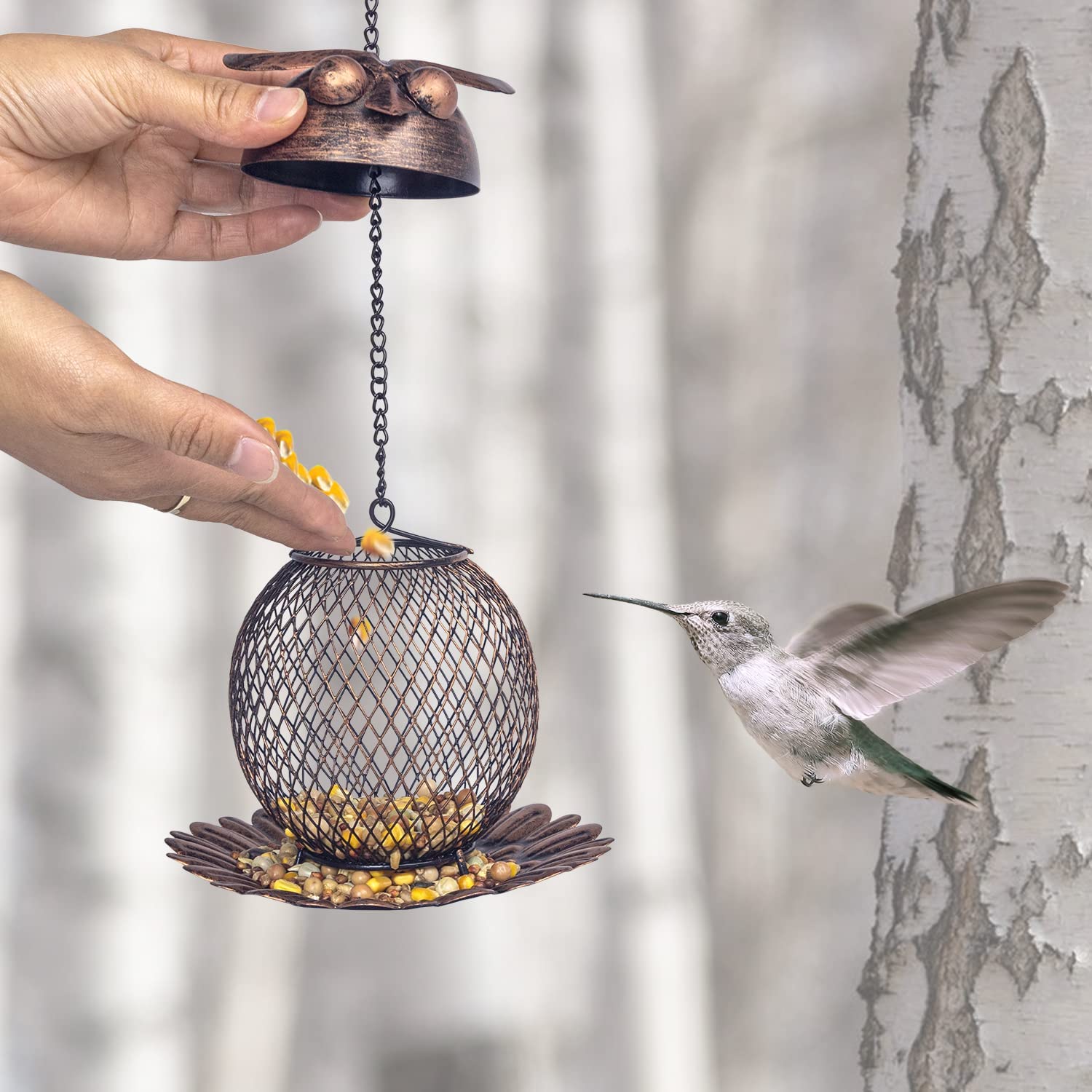 Heavy Duty Copper Metal Mesh Owl Shaped Bird Feeder