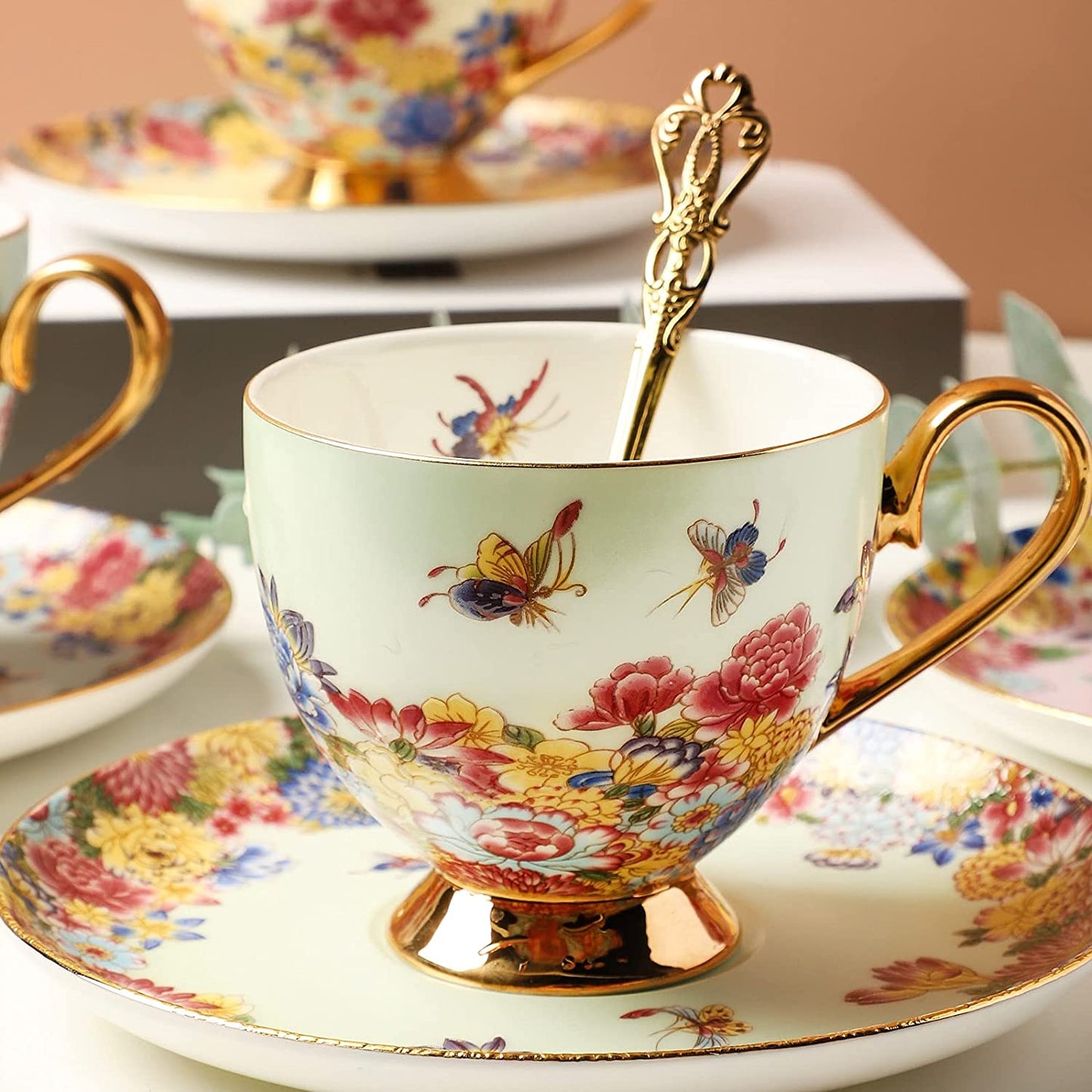 Spring Butterfly Floral Elegant Tea Cup And Saucer Set with Spoon Bone China with Gold Trim