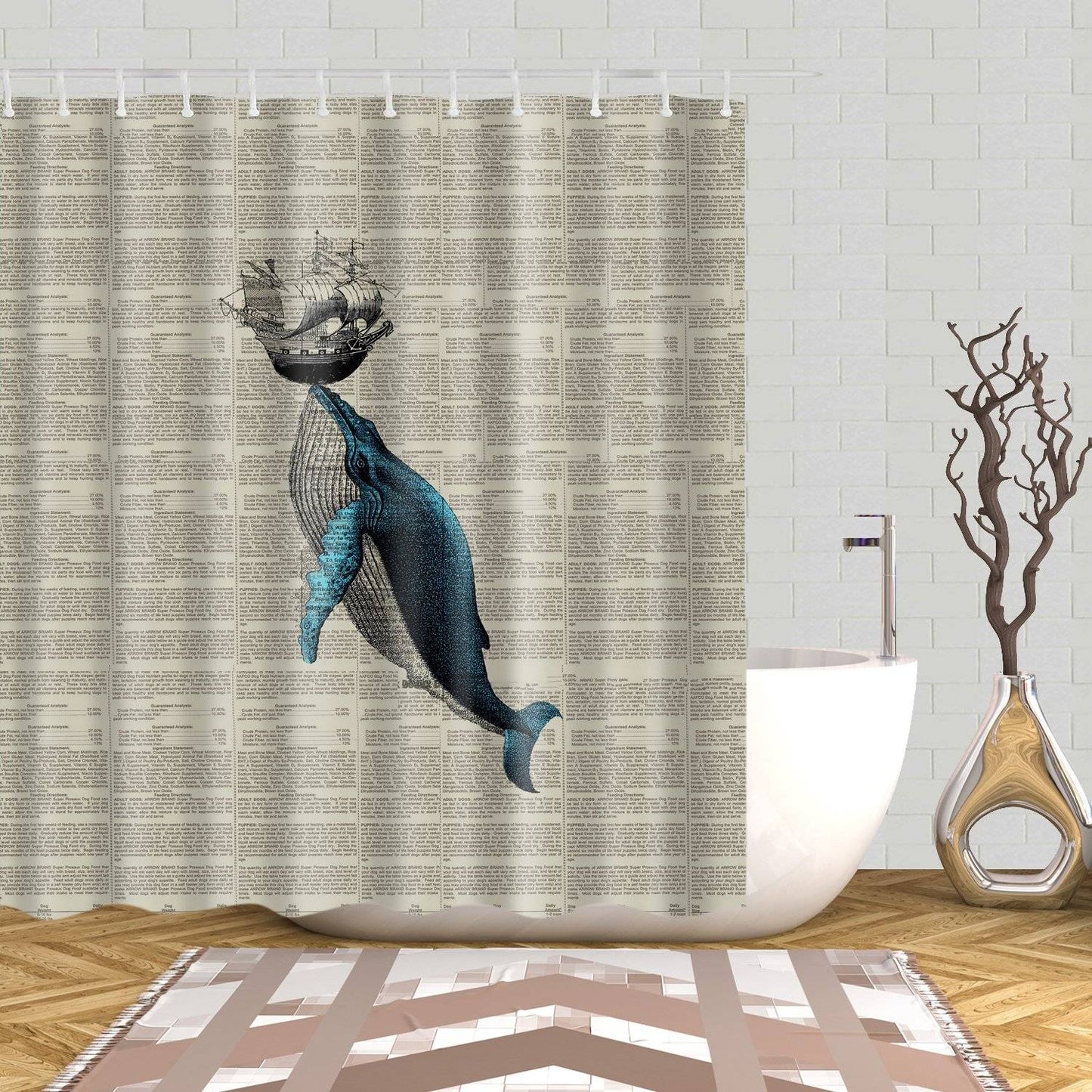 Newsprint Blue Humpback Surreal Whale Boat Shower Curtain