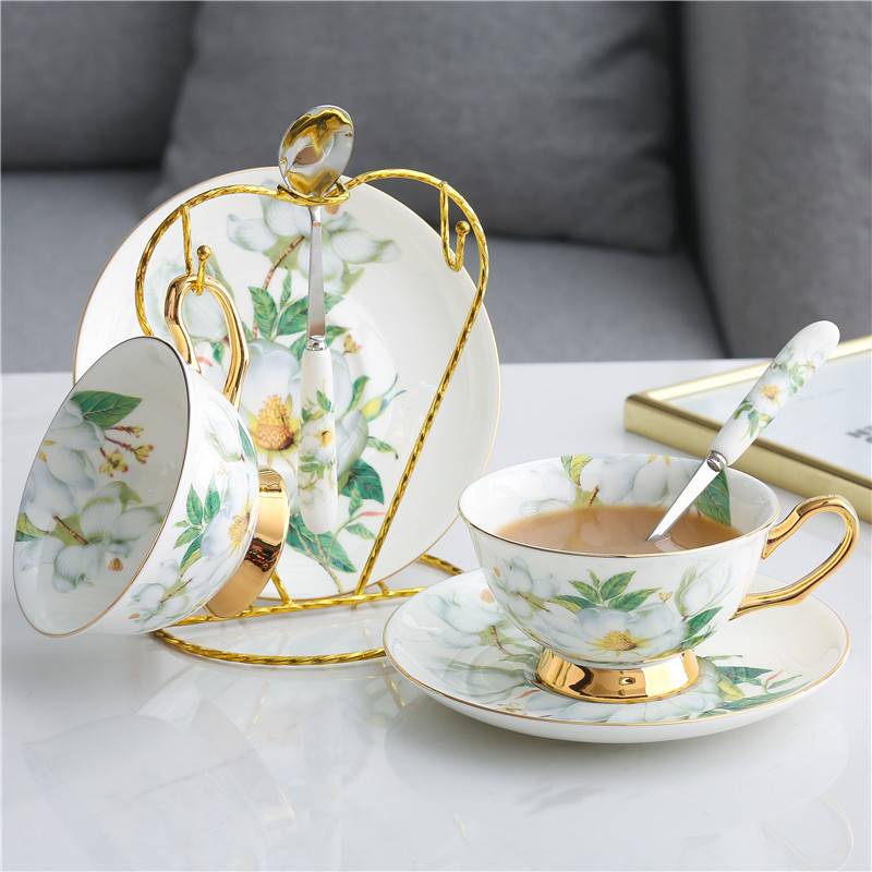 White Camellia Flower Sping Green Leaf Coffee Tea Cup And Saucer Set with Spoon