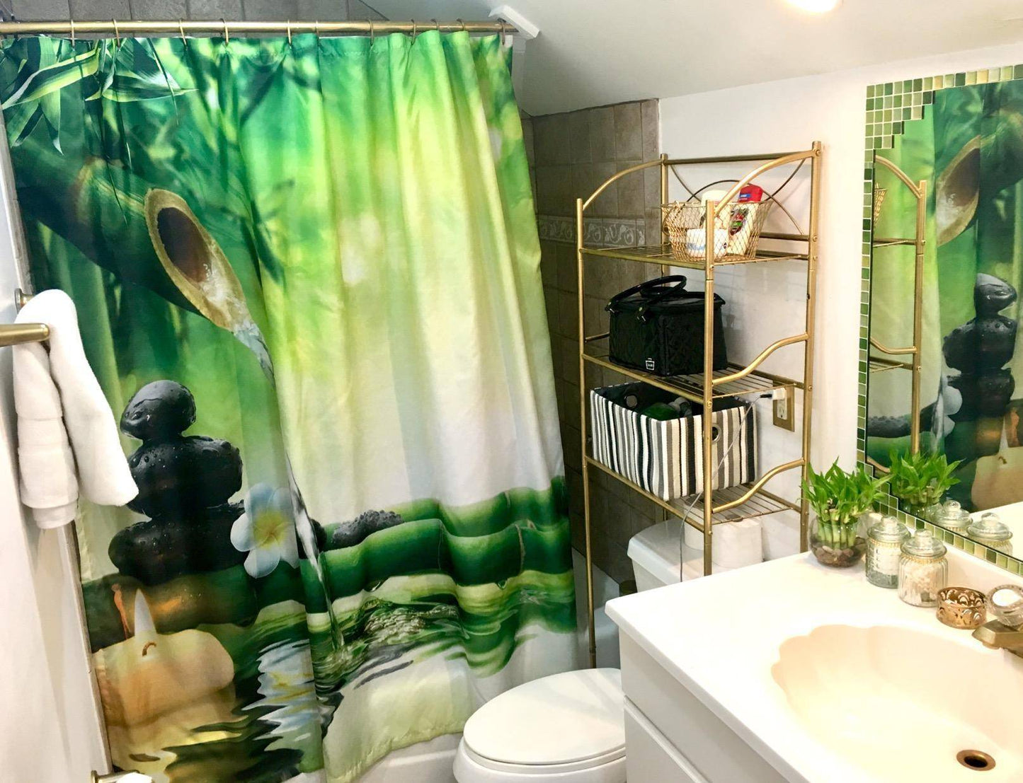 Zen Green Natural Bamboo River Shower Curtain