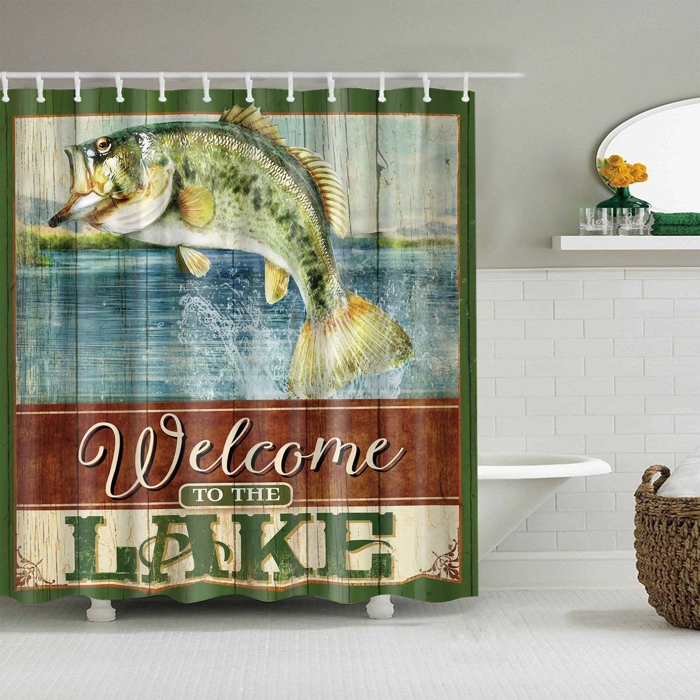 Retro Summer Lake Vacation Welcome Billboard Bass Fishing Shower Curtain